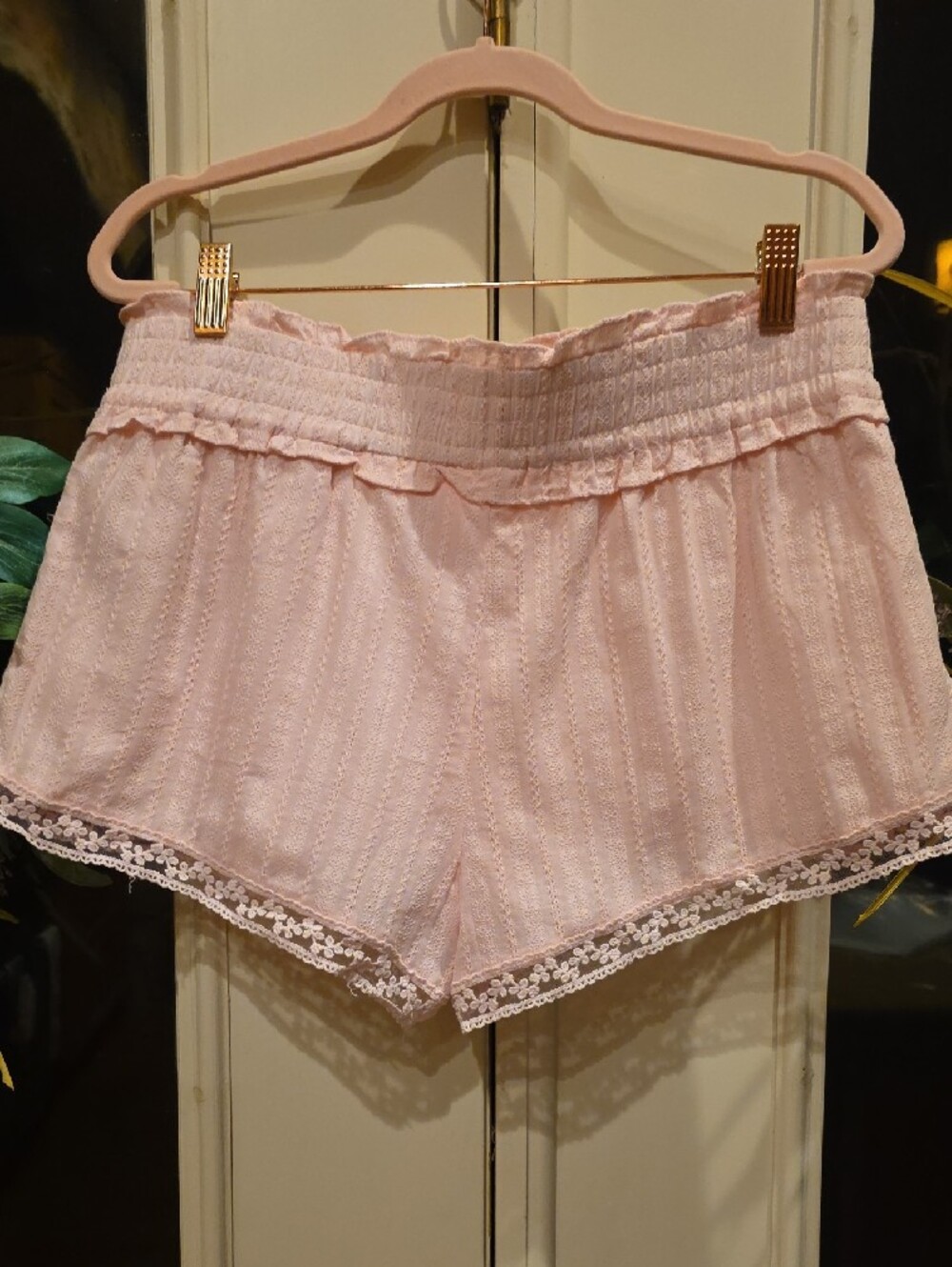 Altar'd State Clarke Lace Trim Shorts in light pink. - Picture 3 of 5